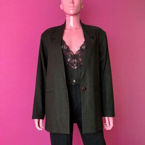 Vintage 80s S Black Blazer Jacket Cotton Linen Single Breast Pocket Shoulder Pad